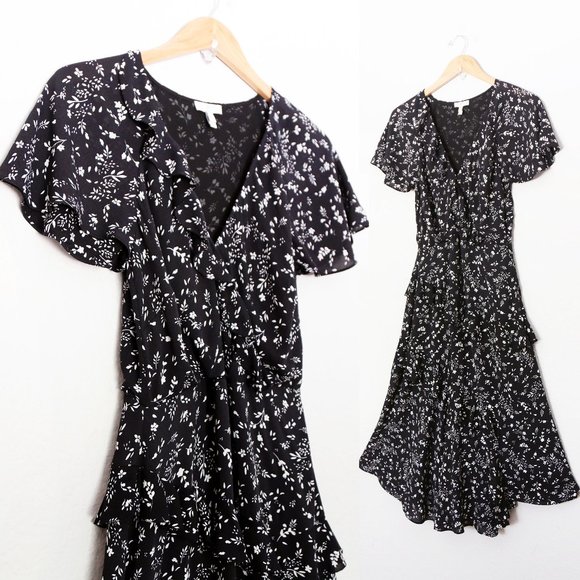 Joie Orita Midi Dress Size 2 Caviar Black White Floral Asymmetric Ruffles $348 - Picture 10 of 16